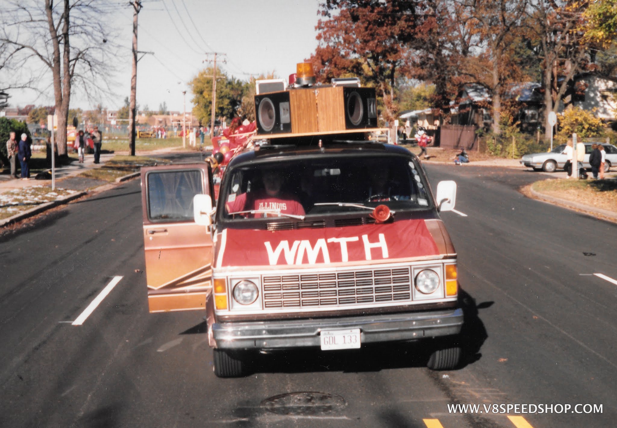 1979 Dodge B200 Maxivan leads Maine South Orchesis troupe in 1989 Homecoming parade