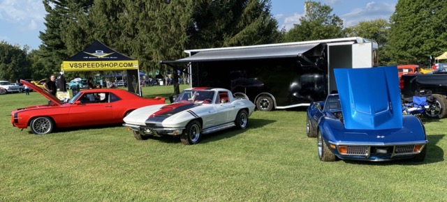 V8 Speed and Resto Shop display with Lous Change 1969 Camaro, 1964 Corvette and 1972 LS3 Corvette