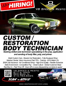 V8 Speed and Resto Shop is seeking a body shop technician for auto body work on custom cars and restoraiton