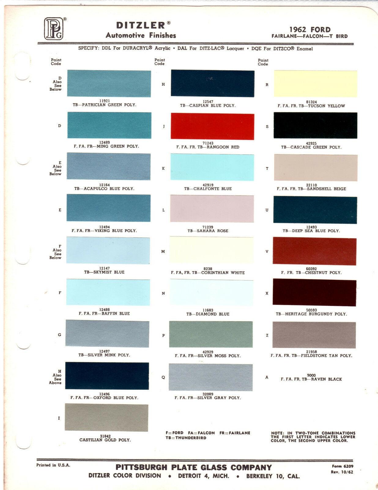 1962 Ford factory color chart